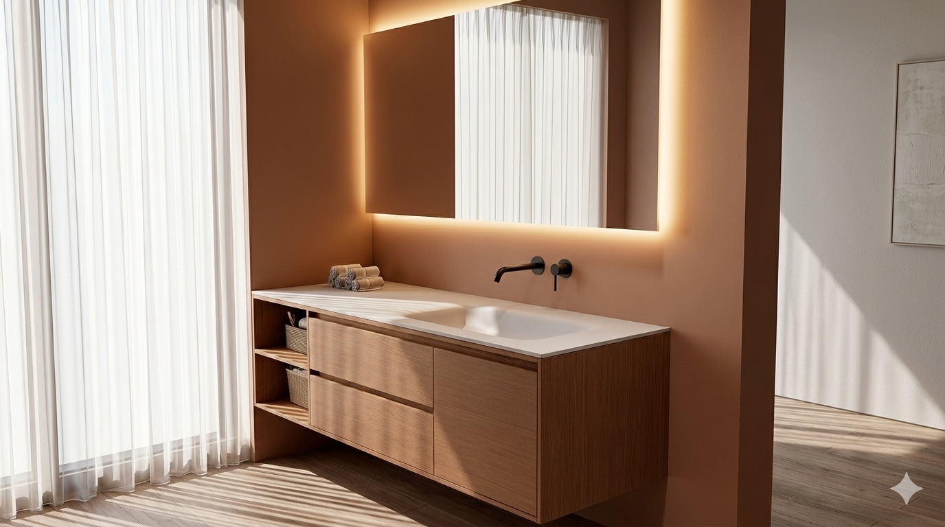 Lave bespoke basin — floating oak vanity with integrated solid surface and backlit mirror