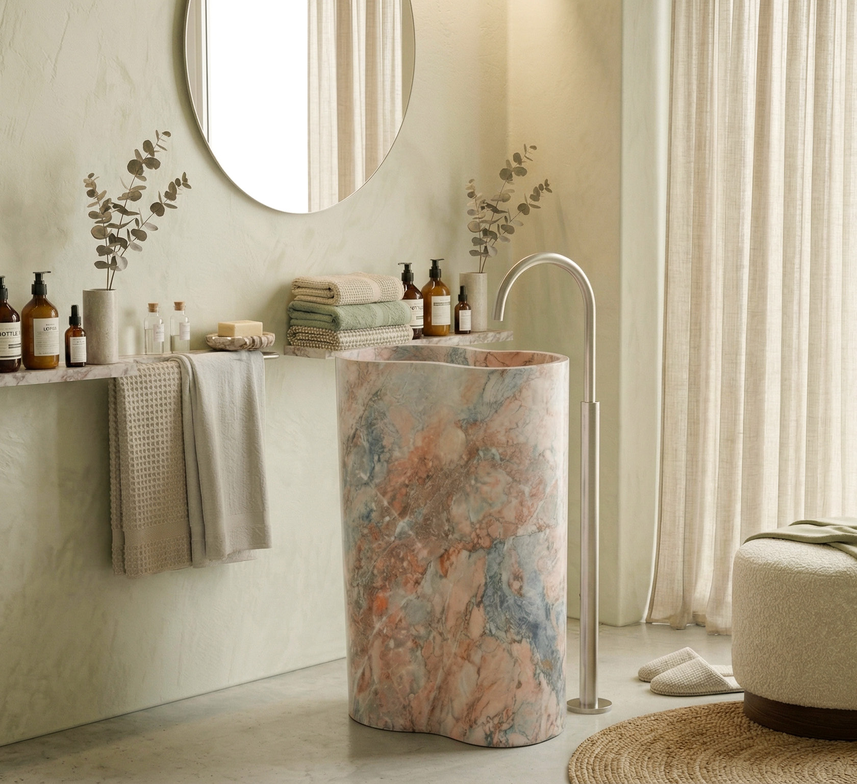 Breccia Capraia multicolour marble freestanding pedestal sink in soft blush and blue tones in a light airy bathroom