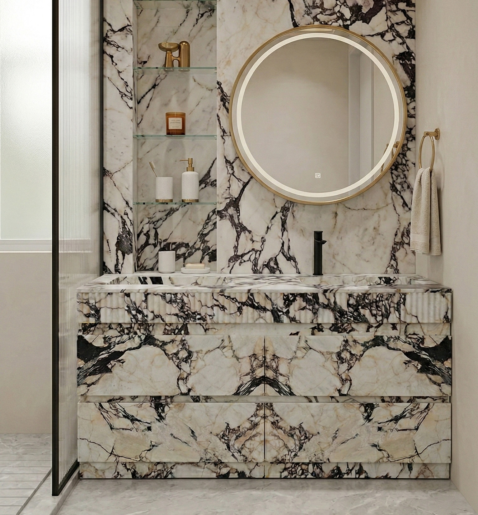 Calacatta Viola natural marble vanity unit with integrated basin, matching bookmatched wall panels and round gold LED mirror