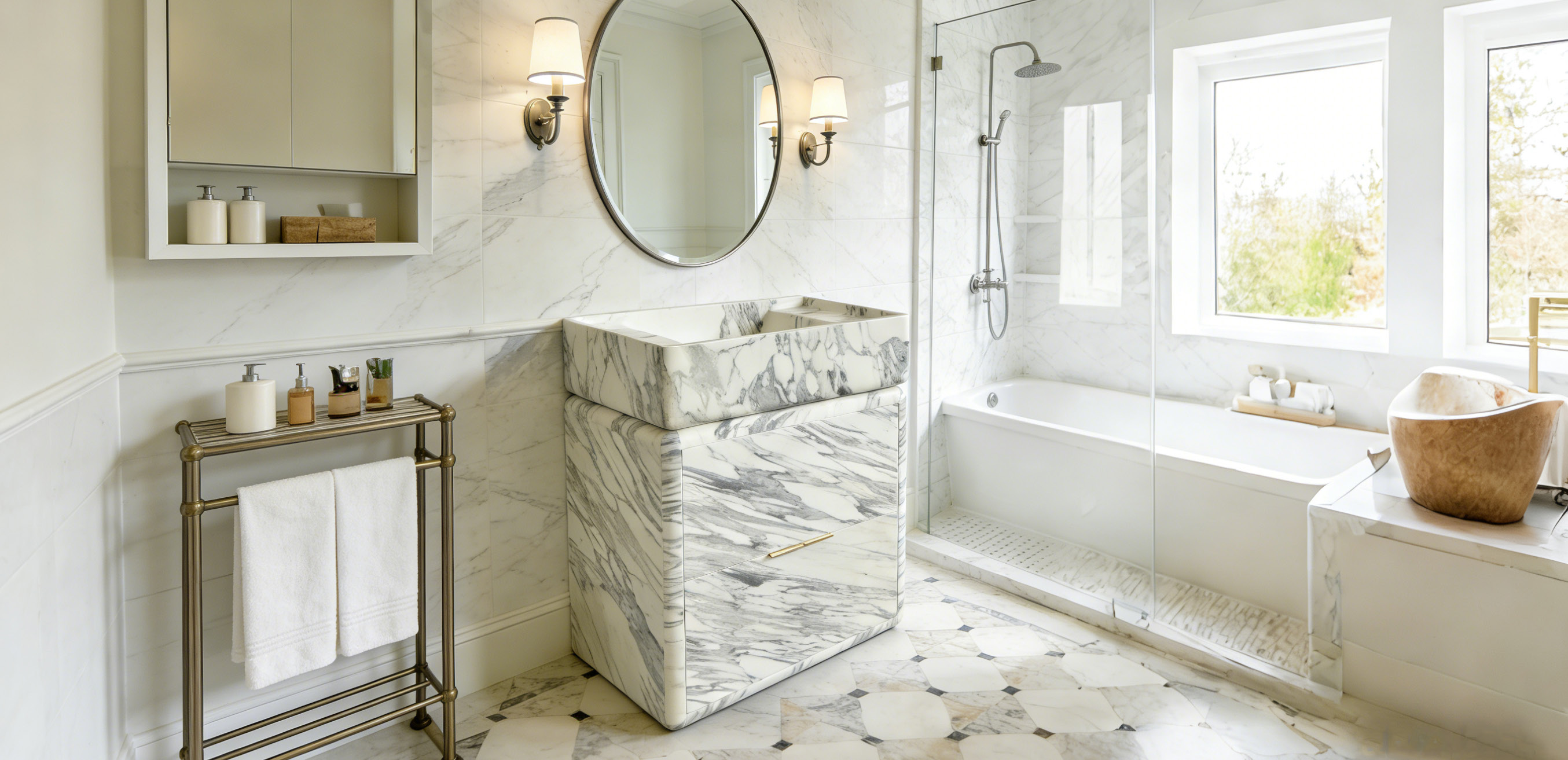 Classic Calacatta white marble vanity with integrated undermount basin in a bright traditional bathroom