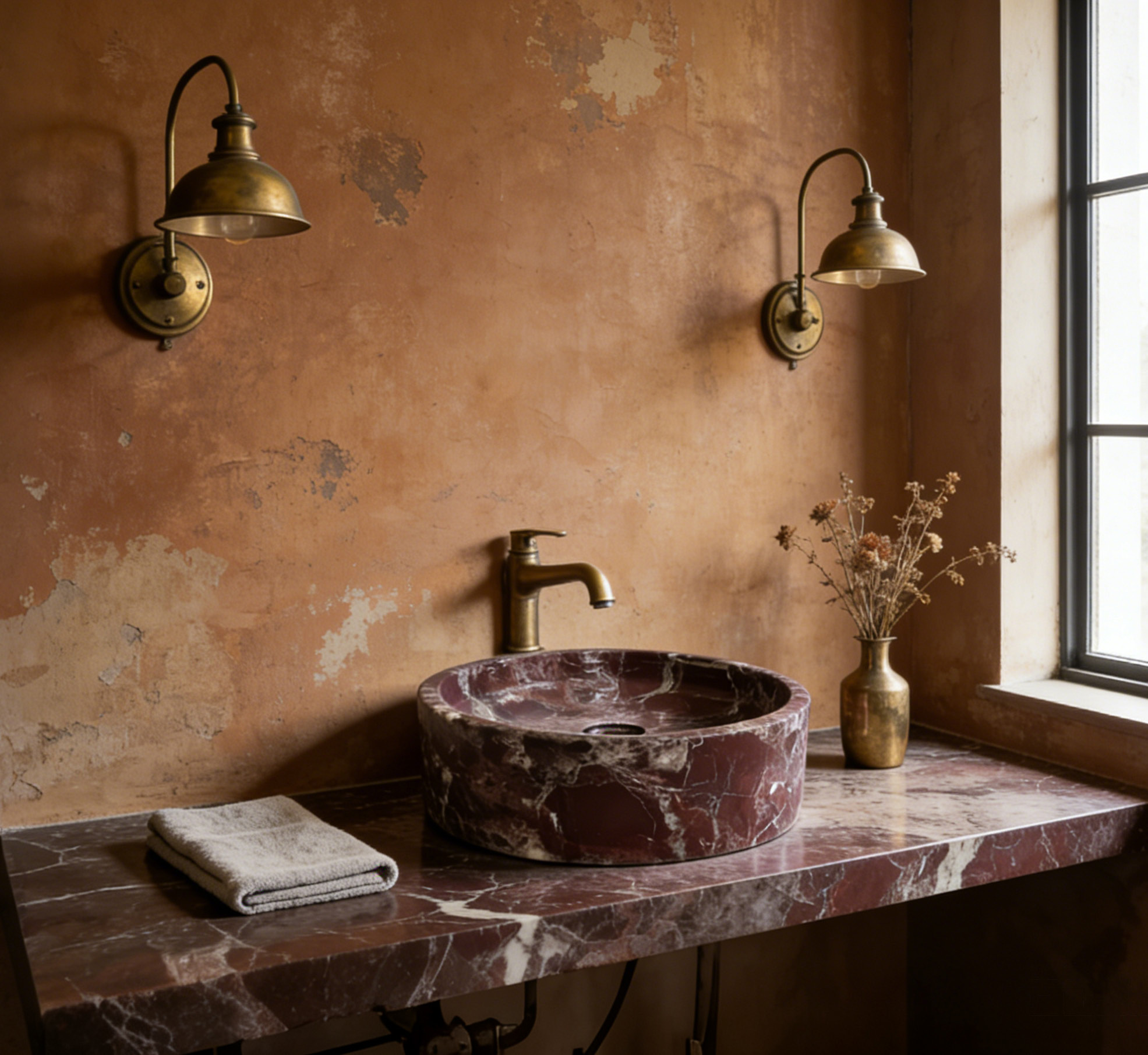 Rosso Levanto burgundy marble vessel sink with matching countertop and antique brass taps in a warm plaster bathroom