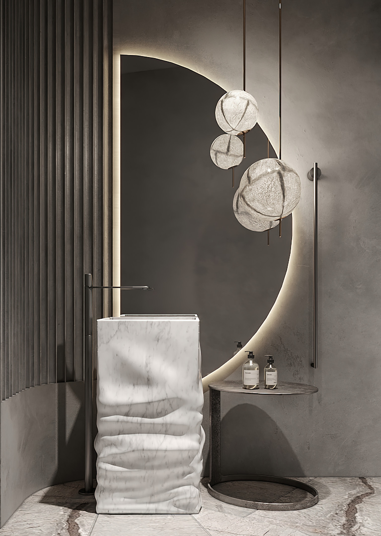 Sculptural wave-form white Carrara marble freestanding pedestal sink with architectural ripple texture