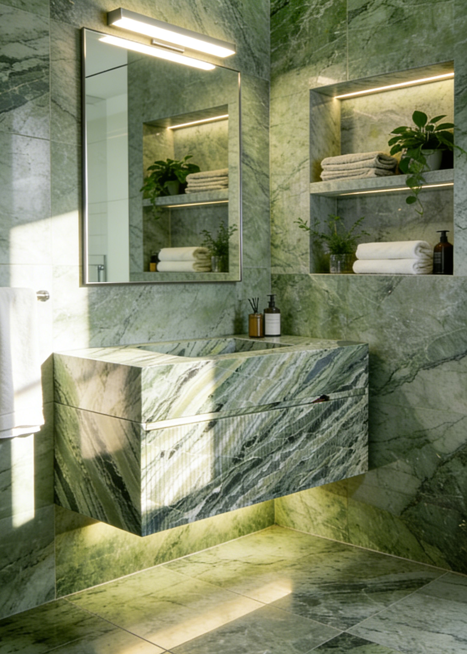 Full Verde Guatemala marble bathroom suite with wall cladding, floating vanity and integrated basin with LED under-lighting