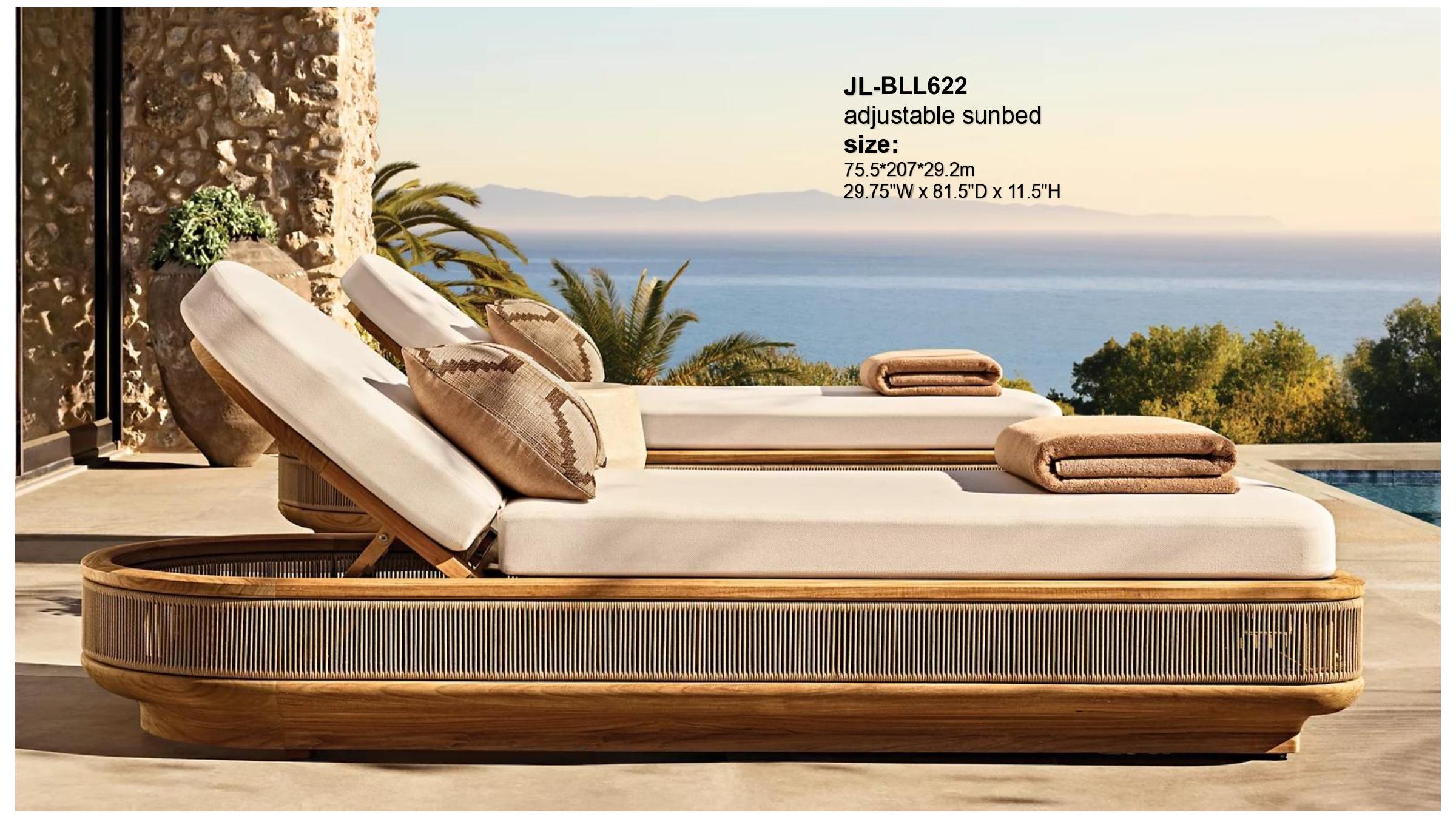BLL adjustable sunbed pair with bouclé cushions on a stone terrace overlooking the Mediterranean sea