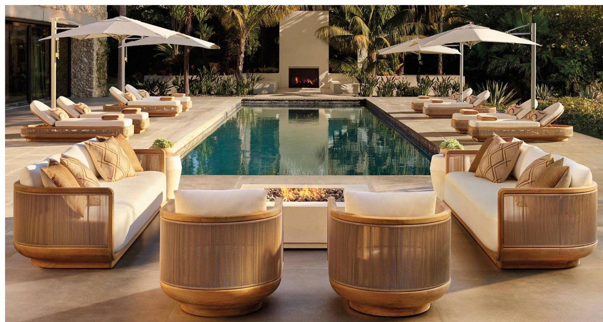 BLL round rope-wrapped teak seating suite beside a pool terrace