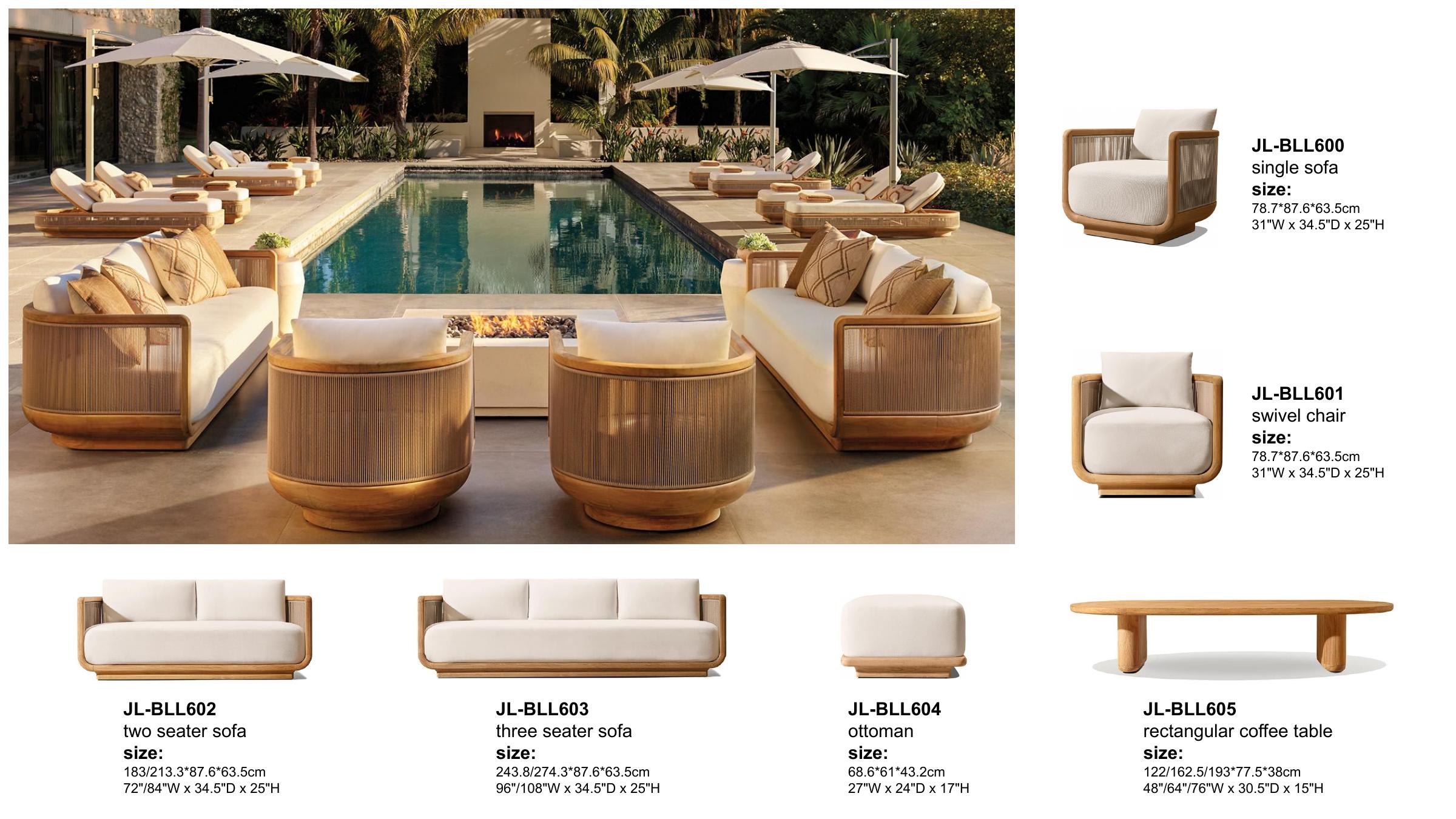 Luxury pool terrace with BLL round rope-wrapped teak sofas, fire table and parasols at a private villa