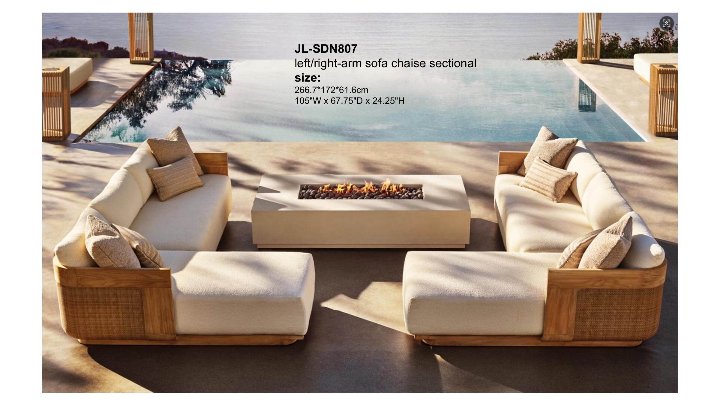 SDN collection U-sofa sectional with fire pit table on a large outdoor terrace, viewed from above at dusk