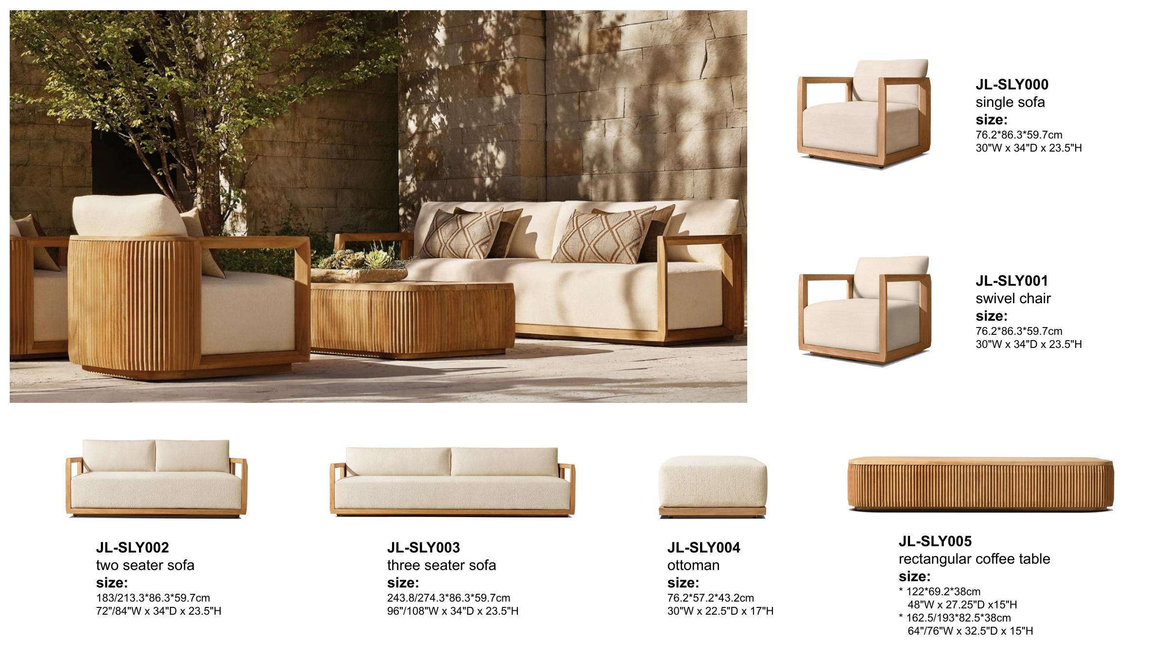 SLY collection clean rectangular teak-frame sofas with cream linen cushions on a stone terrace with mature trees