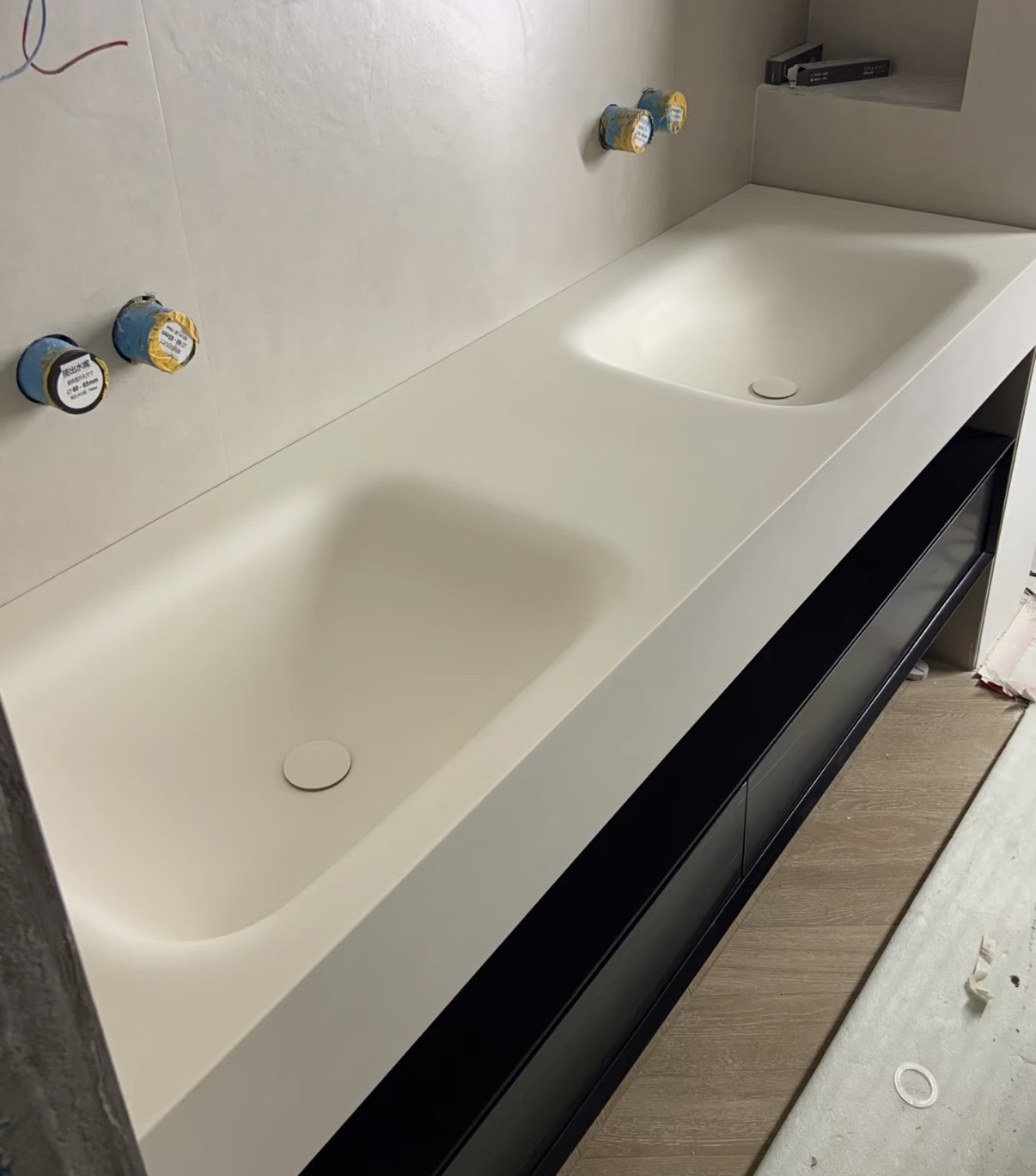 Lave 2400mm double basin luxury vanity in oak with twin sintered stone bowls and wall-mounted taps