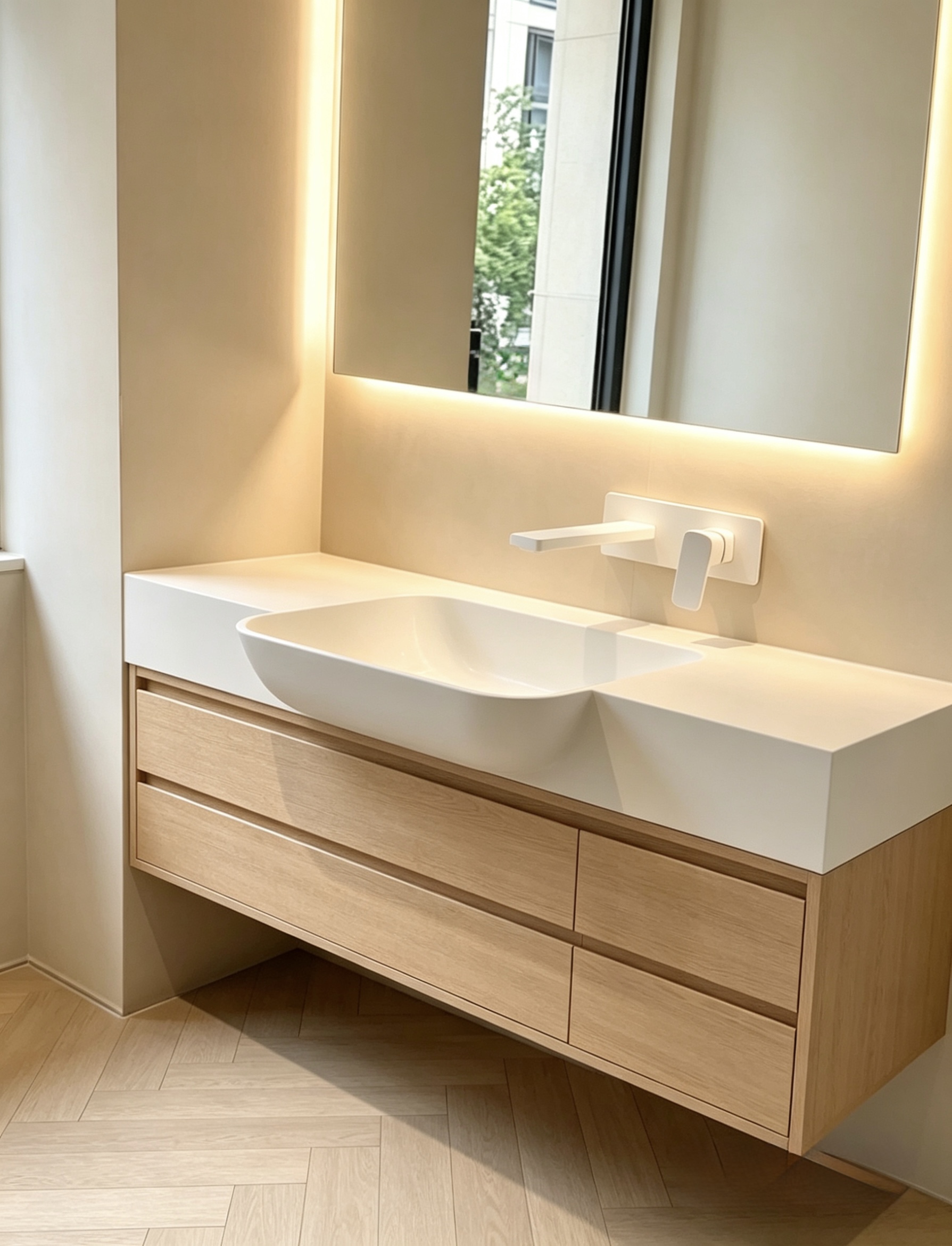 Lave bespoke semi-recessed sintered stone basin in a compact bathroom vanity — ideal for en-suites with limited depth